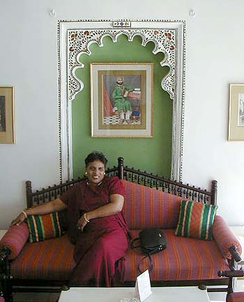This picture of Rita in the Lake Palace Hotel shows some of the inlayed marble work.